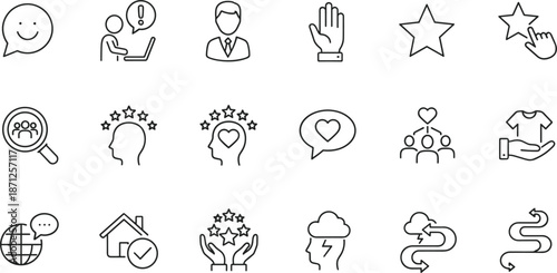 Customer feedback and business service icons set featuring star ratings, hearts, happy faces, and professional communication symbols.