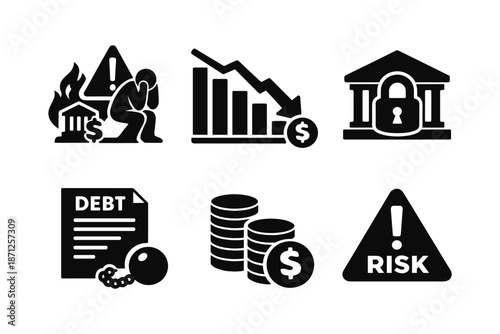 Economic crisis icons: financial decline, debt, risk management, and security challenges