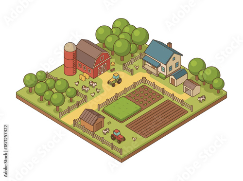Isometric farm illustration showing rural agriculture life