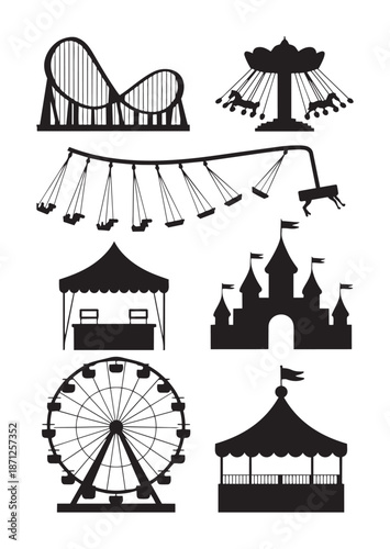 Black silhouettes of amusement park rides and attractions