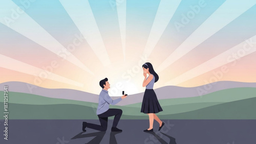 Man Proposing to Woman on One Knee at Sunset on Road