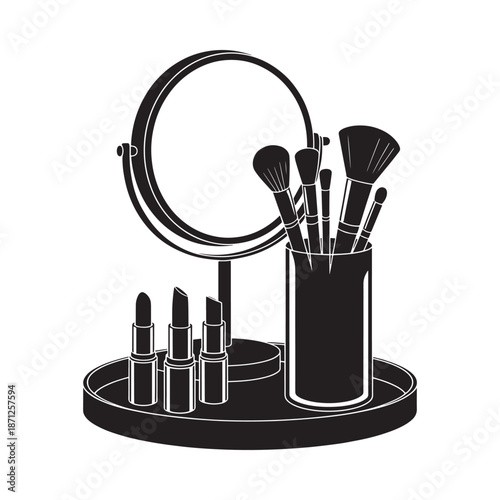 Black and white illustration of a vanity mirror with makeup brushes and lipsticks