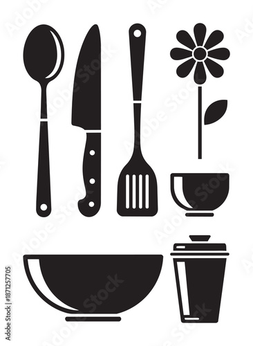 Black silhouettes of kitchen utensils and dishes white
