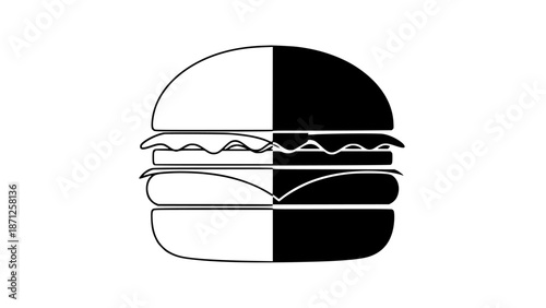 Black and white split hamburger icon with minimalist design elements on plain background for food or restaurant concepts with fast and meal and sandwich
