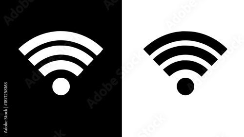 Two contrasting wifi signal icons on split black and white background for network and connectivity concepts with internet and technology and connection