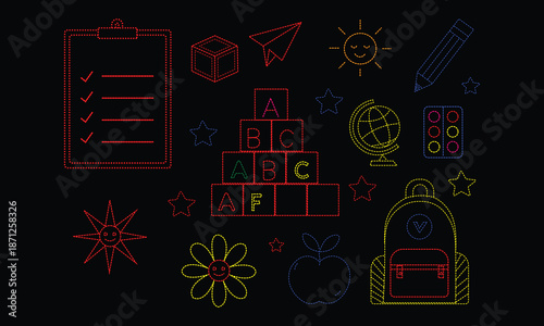 Kindergarten Learning Doodle Elements in black background,Neon glowing outline icons representing various primary school learning concepts and educational tools displayed abstractly