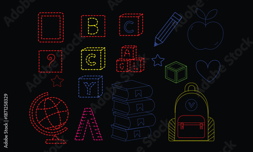 Kindergarten Learning Doodle Elements in black background,Collection of glowing neon outline icons representing various essential school supplies and educational symbols set against black