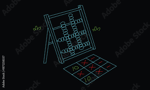 Kindergarten Learning Doodle Elements in black background,Vintage illuminated abacus and tic tac toe board combination glows darkly in a retro digital style