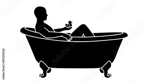Black silhouette vector illustration of a man relaxing in a clawfoot bathtub with a black duck with relaxation silhouette bathroom leisure hygiene calm shower clean with fun play toy water