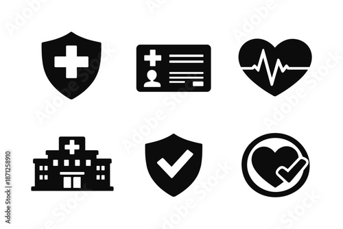 Healthcare icons set: medical, heartbeat, hospital, and shield symbols