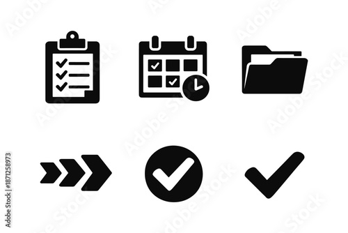 Essential icons for planning and organization in bold silhouette style