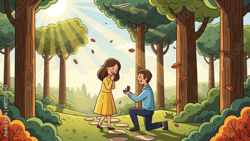 Man Proposing to Woman in Yellow Dress on Forest Pathway during Autumn