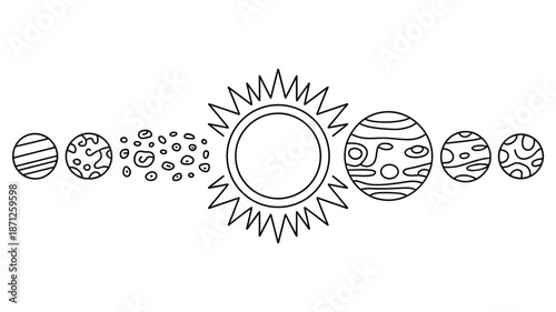 A minimalist vector illustration of the solar system with planets and sun in a simple line art style