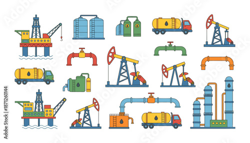 Oil and gas industry equipment flat vector icons