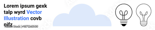 Creativity, innovation, brainstorming, design, cloud computing, technology. Light blue cloud with placeholder text and two light bulb icons. Creativity and innovation concept