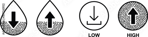 Set of download and upload icons with water drop levels and high low indicators for data transfer progress.