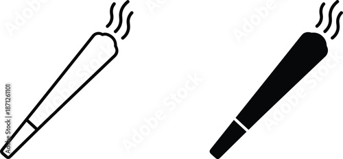 Set of hand rolled cigarette or joint icons with smoke clouds in outline and solid black styles.