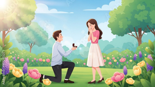Man Proposing to Woman in Flower Field during Sunny Day