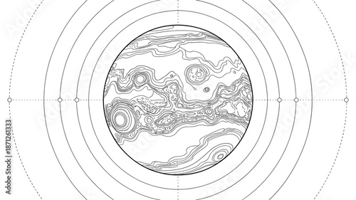 A minimalist vector graphic illustration of a topographic map in a circular design
