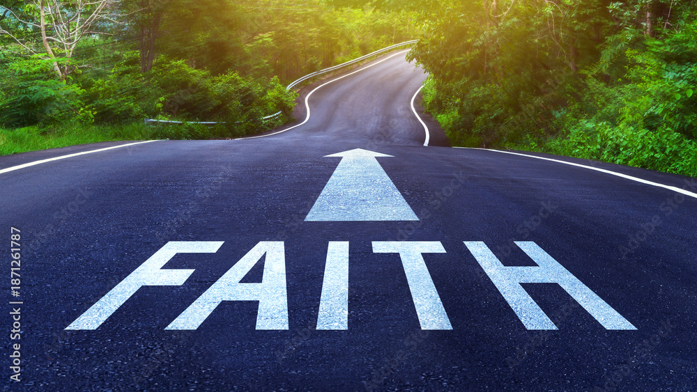 Naklejka premium Faith and fear concept. words written on the asphalt and arrows, Inspirational Christian message of hope and belief journey with the word faith. not ai