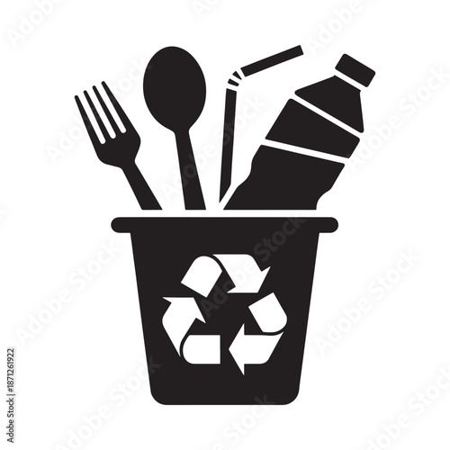 Waste disposal a black and white illustration of recycling bin with cutlery