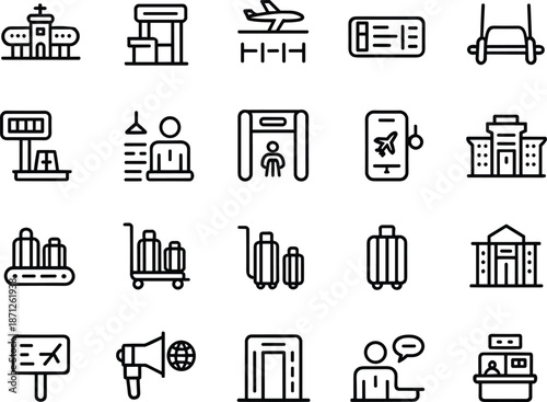 Airport icons set, travel symbols, luggage illustrations, check-in counter, boarding pass, airplane, security checkpoint, baggage claim, flight information, travel essentials vector