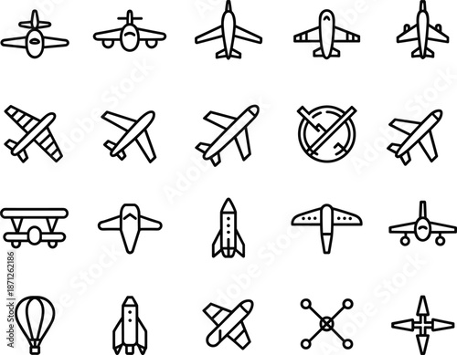 Airplane icons set, aircraft vector symbols, aviation design, flight illustrations, airplane front view, side view, top view, jet, hot air balloon, airplane icon collection
