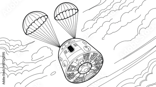 A black and white illustration of a spacecraft with parachutes descending through clouds