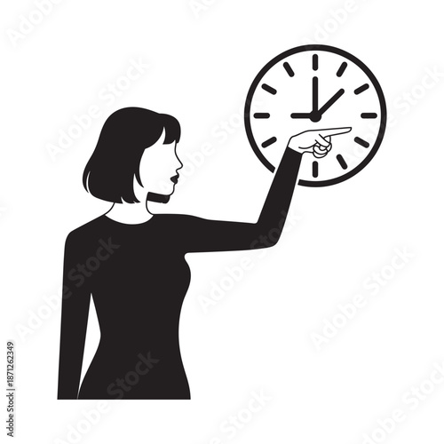 Woman pointing at a clock face indicating a specific time in black and white