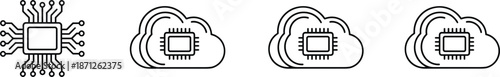 Set of microchip and cloud computing technology icons in outline style representing data processing and digital server storage.