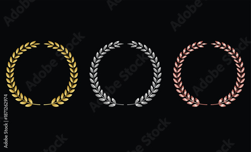 gold, silver and bronze laurel wreath. Winner ranking symbols. Award and achievement signs. Gold silver bronze laurel symbol
