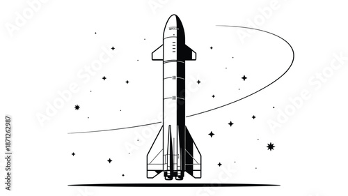 A minimalist vector graphic illustration of a rocket ship blasting off into space with stars and a trail behind it