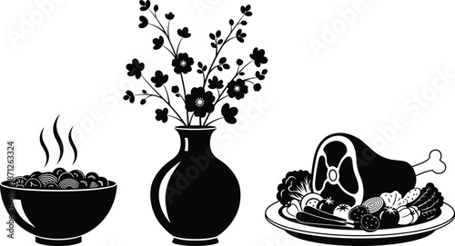 black silhouette food and home decor set, flower vase hot soup bowl and meat platter illustration, minimal kitchen dining design
