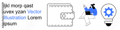 Finance, technology, innovation, teamwork, business strategy, productivity. Visual shows a wallet, a person on a laptop and a light bulb with a gear. Finance and technology concept