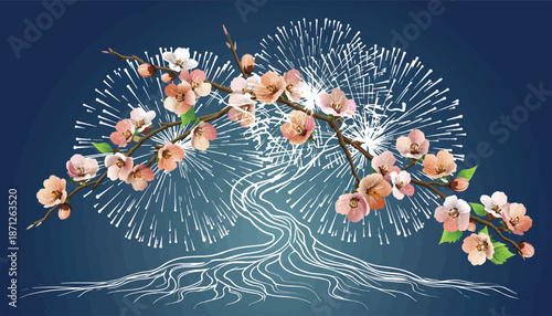 Stylized glowing tree with vibrant cherry blossoms.