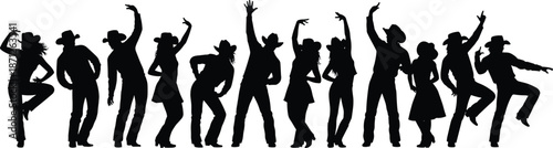 Black, silhouette, of, people, wearing, cowboy, hats, and, boots, line, dancing, in, a, group, isolated, on, white, background, for, country, music, events.