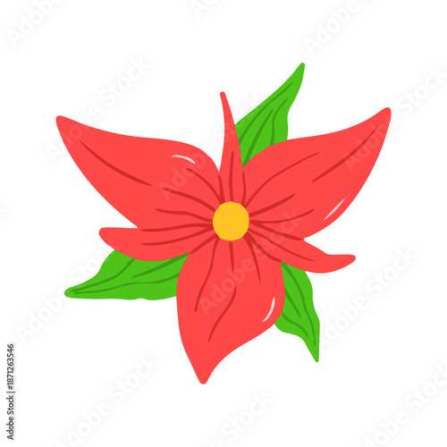 Bright Red Hibiscus Flower Blossom With Leaves