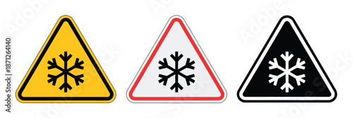 Cold warning signs collection silhouette flat icon design element, professional safety icons representing freezing temperatures, cold storage risks, winter hazards, and temperature warning 