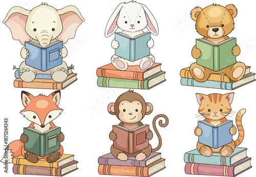 Cute cartoon animal collection featuring elephant, rabbit, bear, fox, monkey, and cat characters sitting on stacks of books reading for children education.