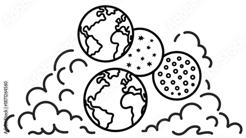 A minimalist vector graphic illustration of planets and clouds in a simple line art style