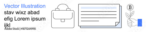 Business operations, education tools, financial services, branding, sustainability, entrepreneurship. Minimalist wallet, document hand with leaf icons. Financial services and sustainability concepts