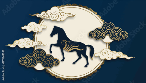 Majestic horse silhouette with ornate patterns in a circular frame.