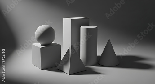 Slika na platnu Geometric Shapes Still Life with Sphere Cube Cylinder Cone and Pyramid Demonstra
