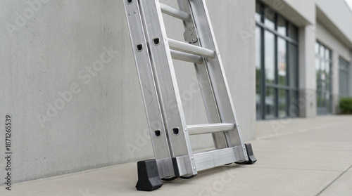 Aluminum ladder leaning against wall outside modern building  