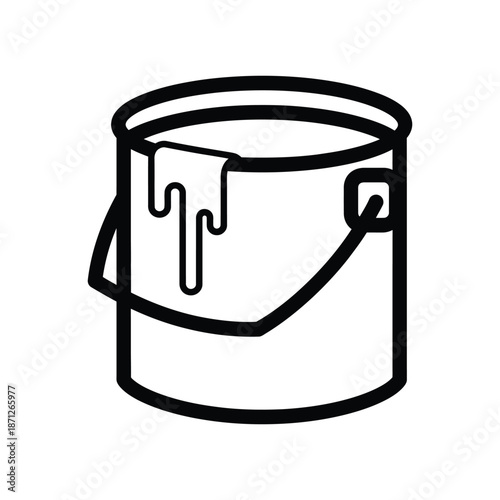 Minimalist open paint can icon with dripping paint in black and white line-art flat vector illustration