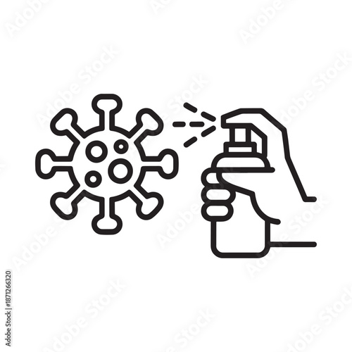 Disinfecting spray targeting a virus illustrating covid 19 prevention measures