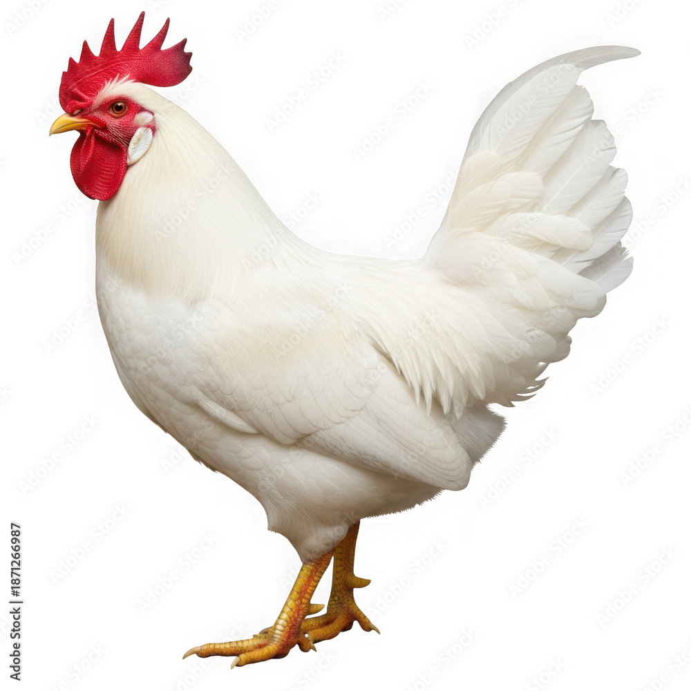 Fototapeta premium White rooster with red comb isolated on transparent background