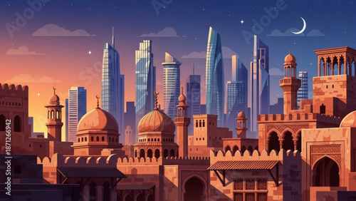 Middle Eastern Cityscape with Mosques and Skyscrapers at Sunset, Islamic Architecture, Modern Metropolis and Crescent Moon, Stars, Digital Art, Fantasy City