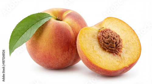 Ripe peach fruit whole and half with green leaf isolated on white background.