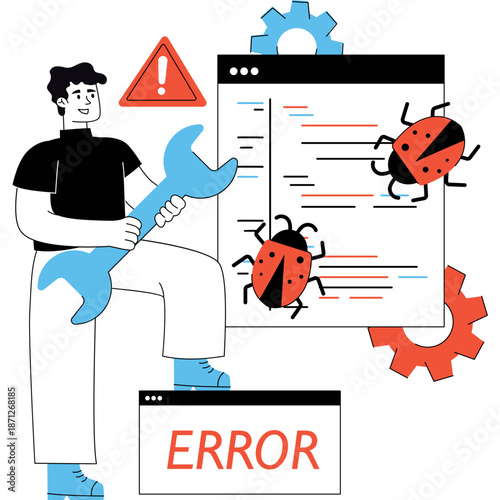 Programmer fixing software bugs and errors with tools